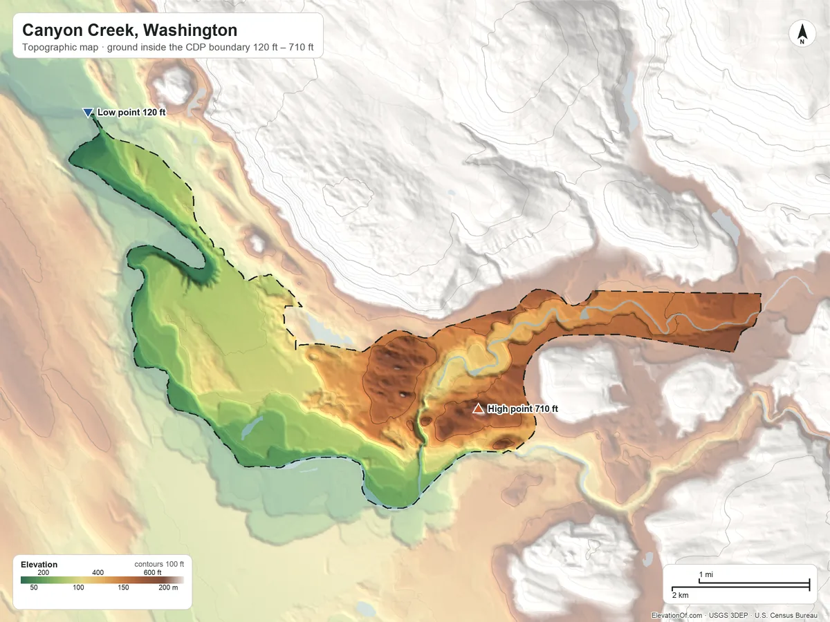 Topographic elevation map of Canyon Creek, Washington, shaded from 120 ft on the northwest side to 710 ft on the east edge, below higher ground just outside