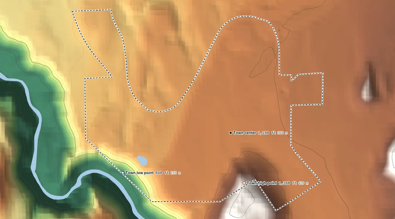 Topographic elevation map of Carbonado, Washington, shaded from 840 ft on the west side to 1,380 ft on the south edge, below higher ground just outside