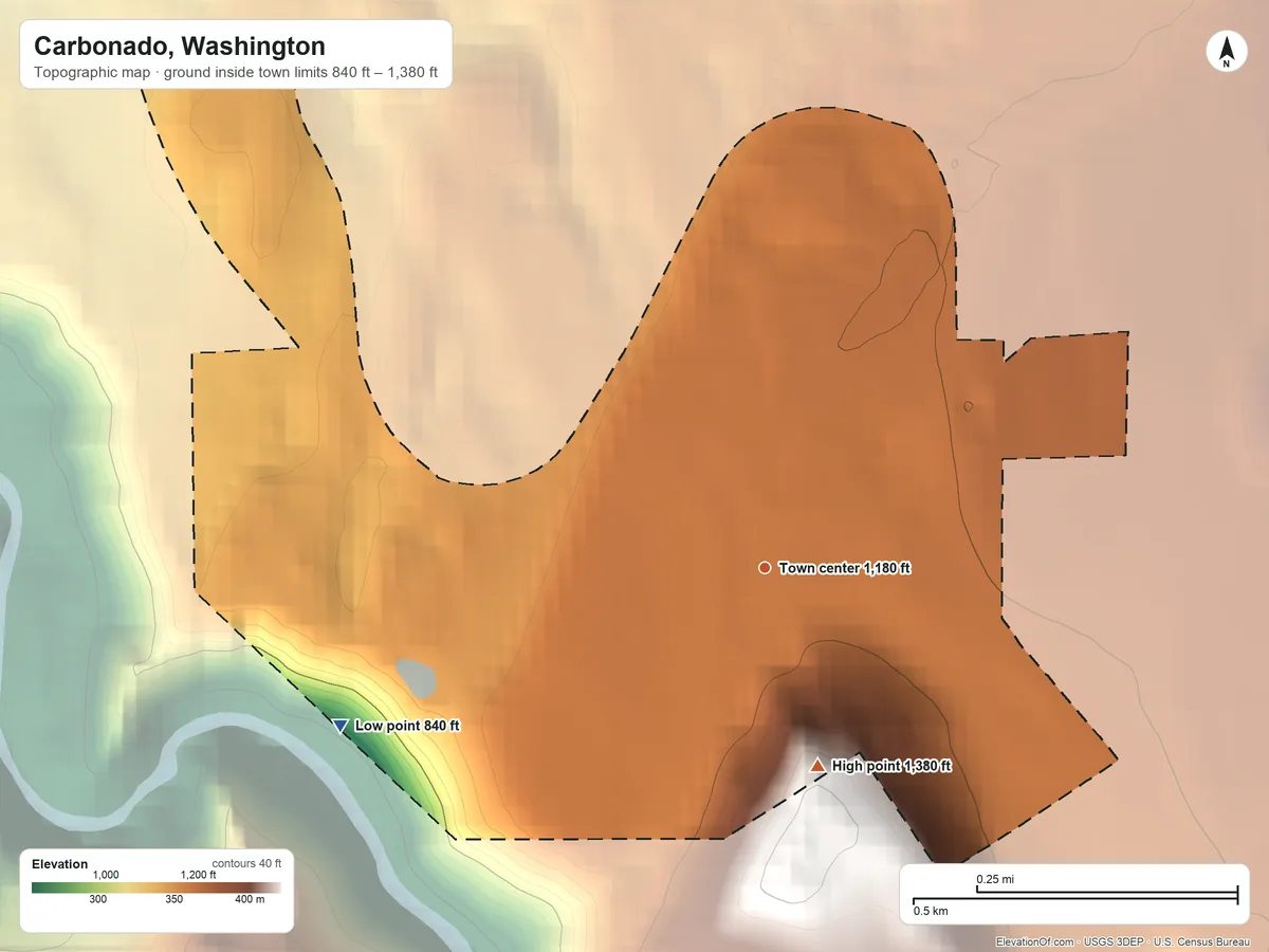 Topographic elevation map of Carbonado, Washington, shaded from 840 ft on the west side to 1,380 ft on the south edge, below higher ground just outside
