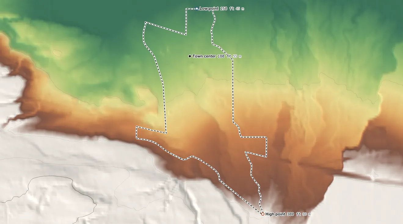 Topographic elevation map of Carlsborg, Washington, shaded from 150 ft on the north side to 300 ft at the foot of the The Foothills