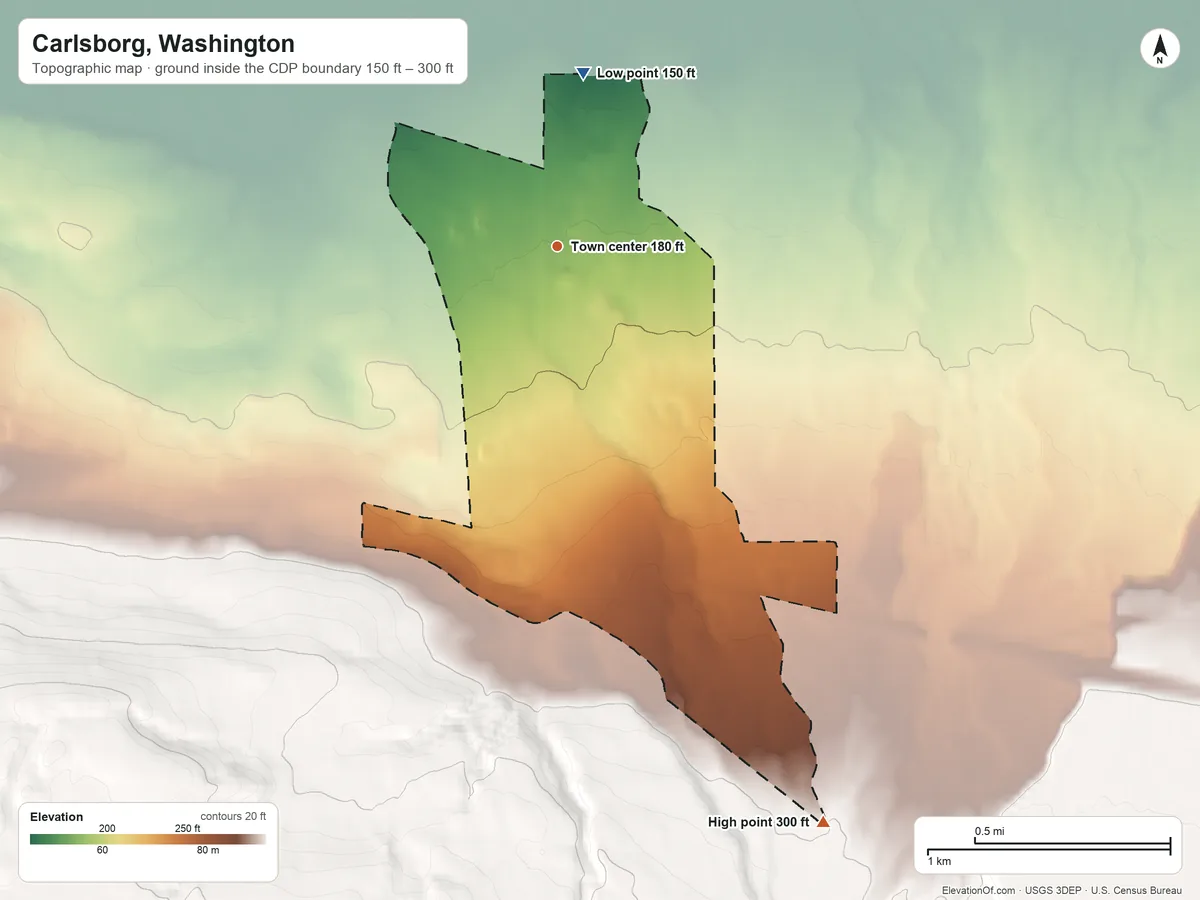 Topographic elevation map of Carlsborg, Washington, shaded from 150 ft on the north side to 300 ft at the foot of the The Foothills