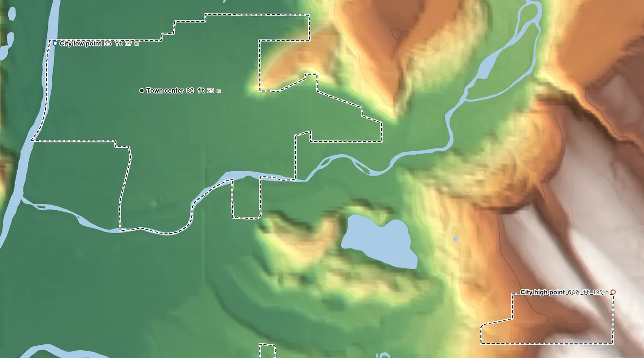 Topographic elevation map of Carnation, Washington, shaded from 55 ft on the northwest side to 640 ft on the southeast side