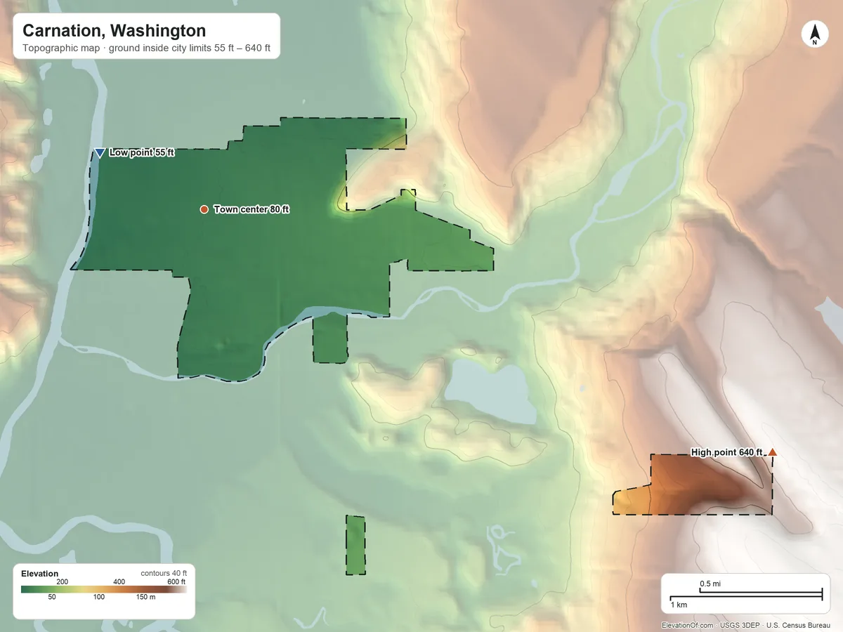 Topographic elevation map of Carnation, Washington, shaded from 55 ft on the northwest side to 640 ft on the southeast side