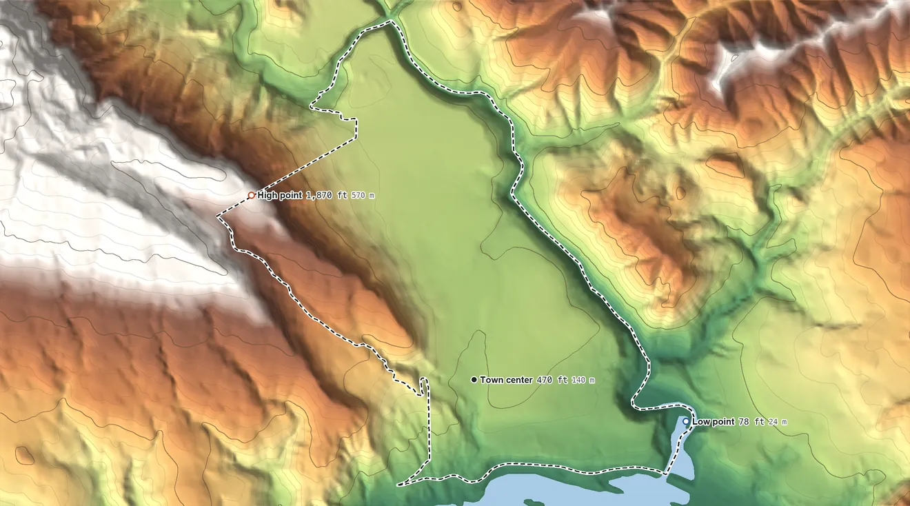 Topographic elevation map of Carson, Washington, shaded from 78 ft on the east side to 1,870 ft on the northwest edge, below higher ground just outside