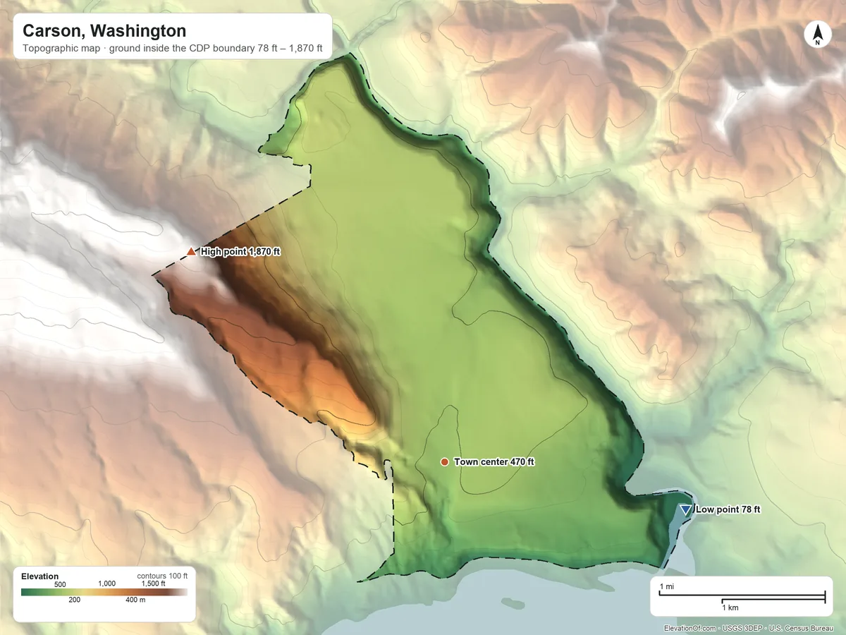 Topographic elevation map of Carson, Washington, shaded from 78 ft on the east side to 1,870 ft on the northwest edge, below higher ground just outside