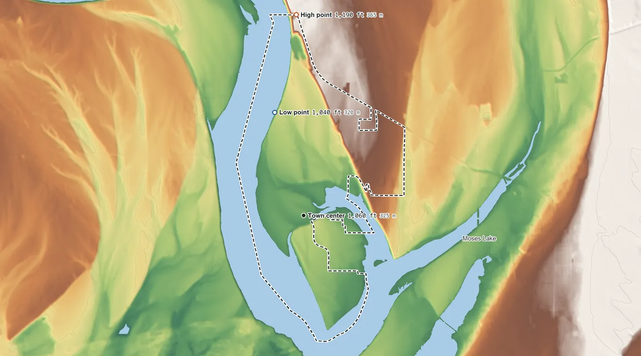 Topographic elevation map of Cascade Valley, Washington, shaded from 1,040 ft on the north side to 1,190 ft on the north side