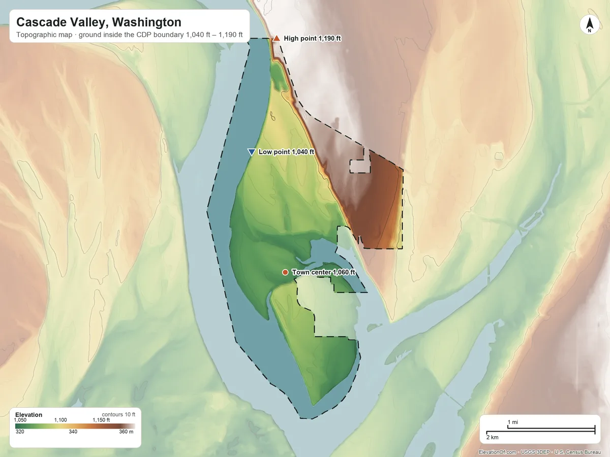 Topographic elevation map of Cascade Valley, Washington, shaded from 1,040 ft on the north side to 1,190 ft on the north side