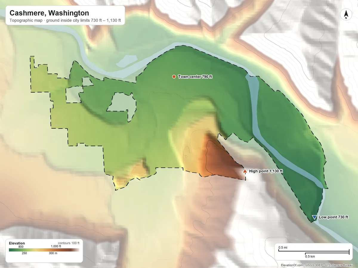 Topographic elevation map of Cashmere, Washington, shaded from 730 ft on the southeast side to 1,130 ft on the southeast edge, below higher ground just outside