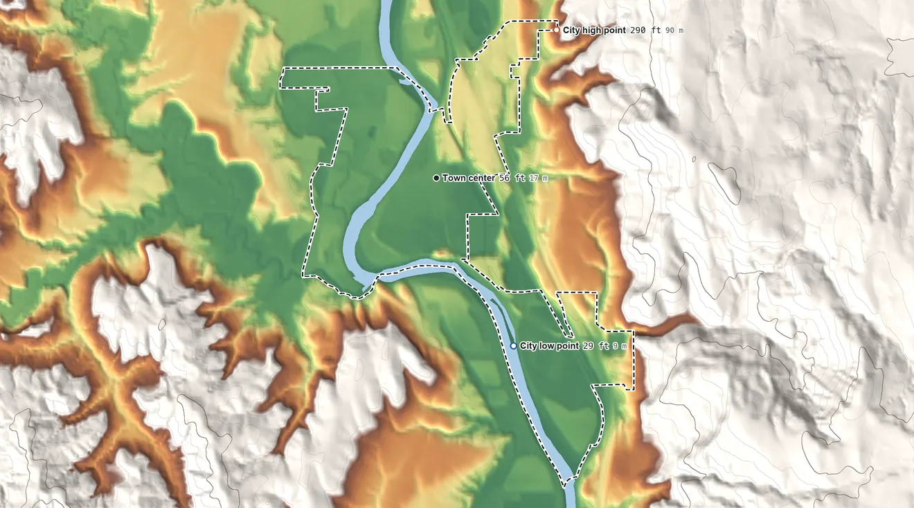 Topographic elevation map of Castle Rock, Washington, shaded from 29 ft on the southeast side to 290 ft at the foot of the Wilkes Hills