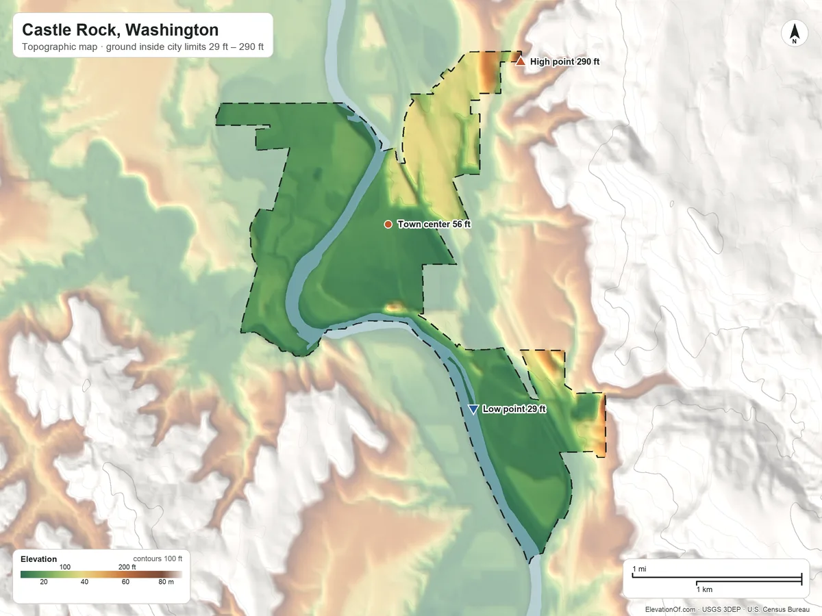 Topographic elevation map of Castle Rock, Washington, shaded from 29 ft on the southeast side to 290 ft at the foot of the Wilkes Hills