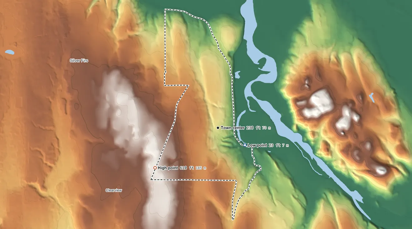 Topographic elevation map of Cathcart, Washington, shaded from 23 ft on the southeast side to 610 ft on the southwest side