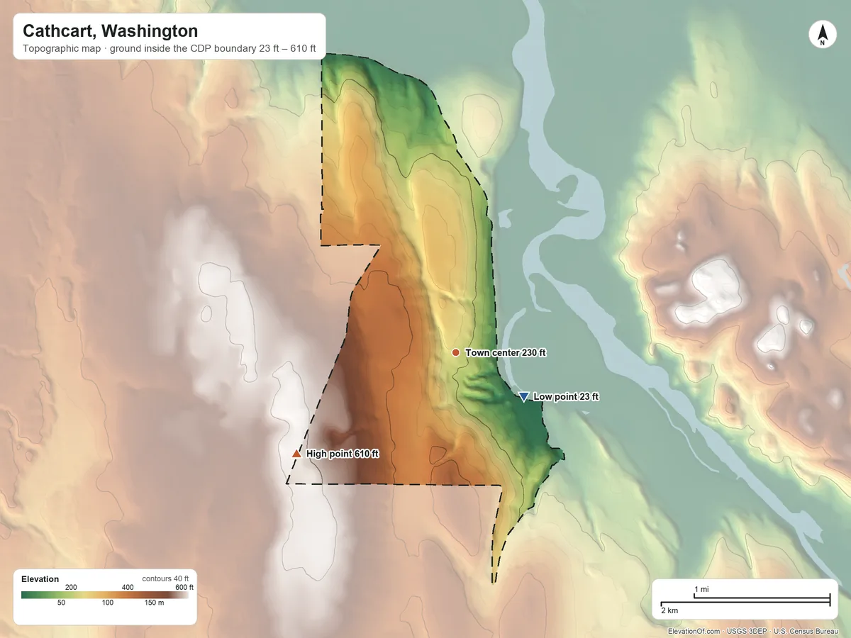 Topographic elevation map of Cathcart, Washington, shaded from 23 ft on the southeast side to 610 ft on the southwest side