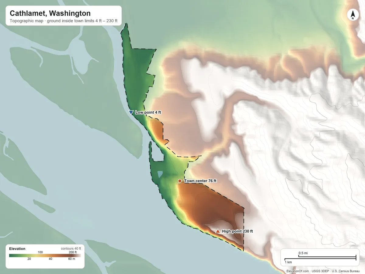 Topographic elevation map of Cathlamet, Washington, shaded from 4 ft on the northwest side to 230 ft on the southeast edge, below higher ground just outside