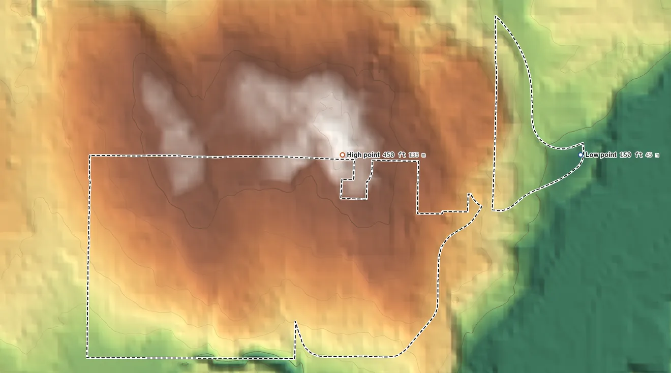 Topographic elevation map of Cavalero, Washington, shaded from 150 ft on the east side to 450 ft on the north side
