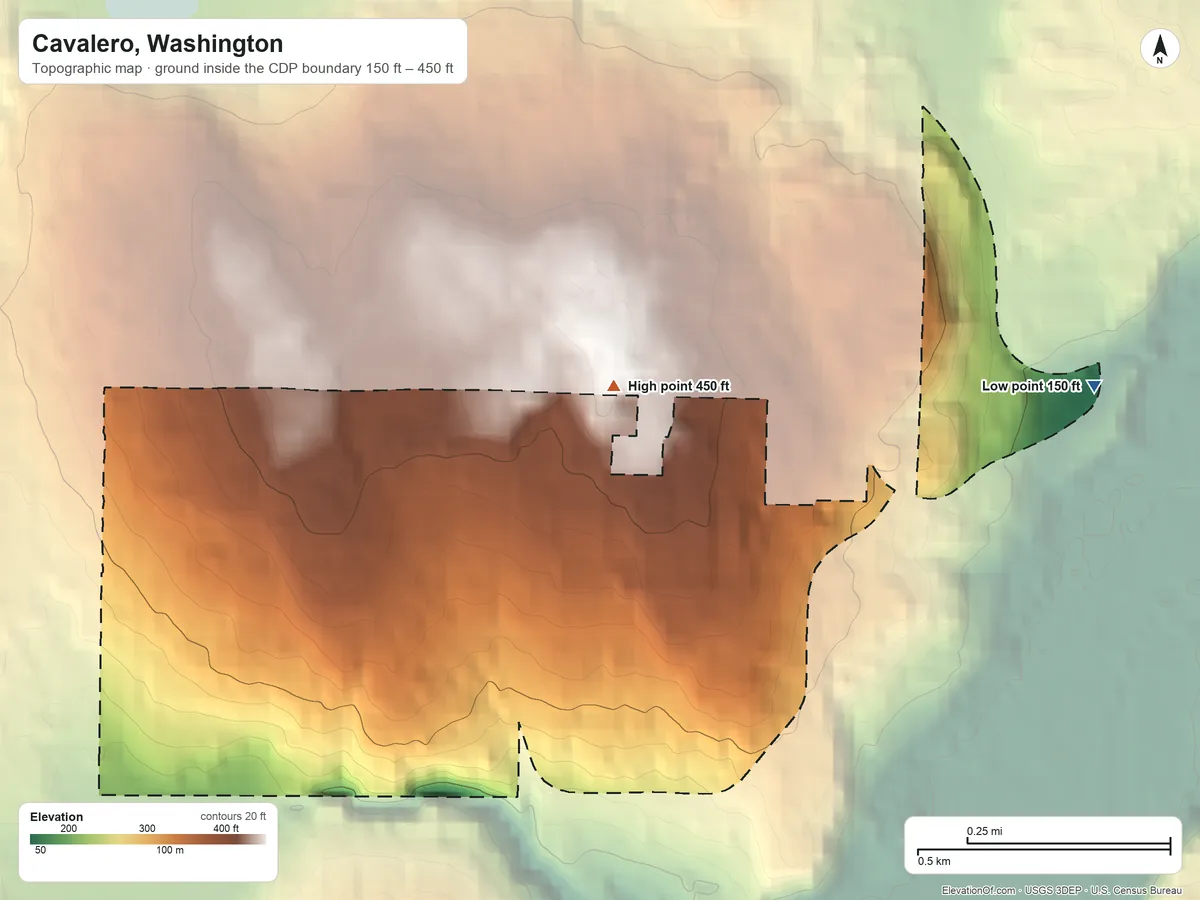 Topographic elevation map of Cavalero, Washington, shaded from 150 ft on the east side to 450 ft on the north side