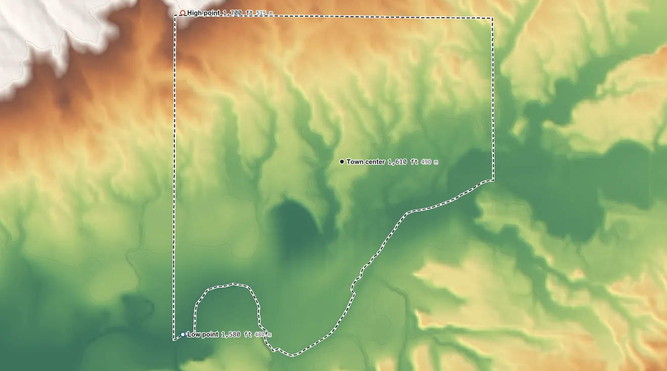 Topographic elevation map of Centerville, Washington, shaded from 1,580 ft on the southwest side to 1,700 ft on the northwest side