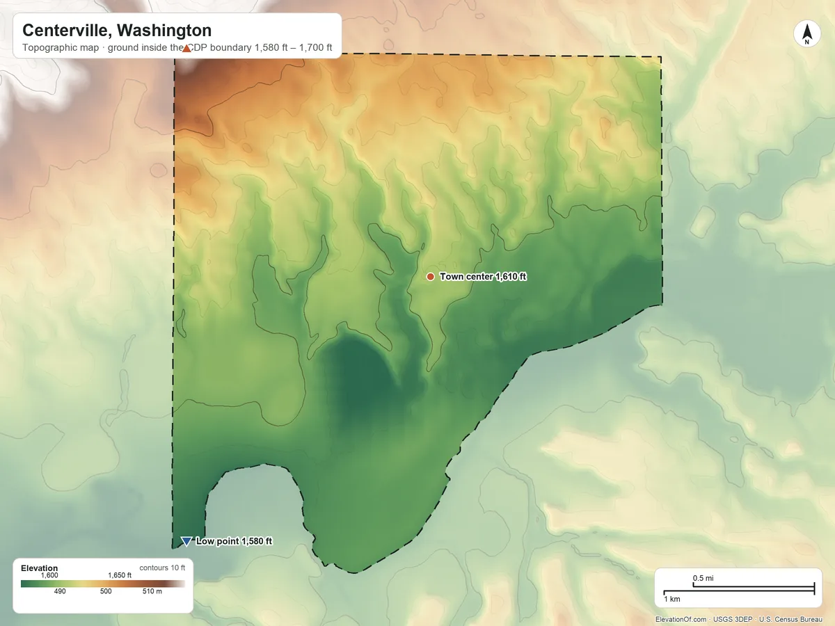 Topographic elevation map of Centerville, Washington, shaded from 1,580 ft on the southwest side to 1,700 ft on the northwest side