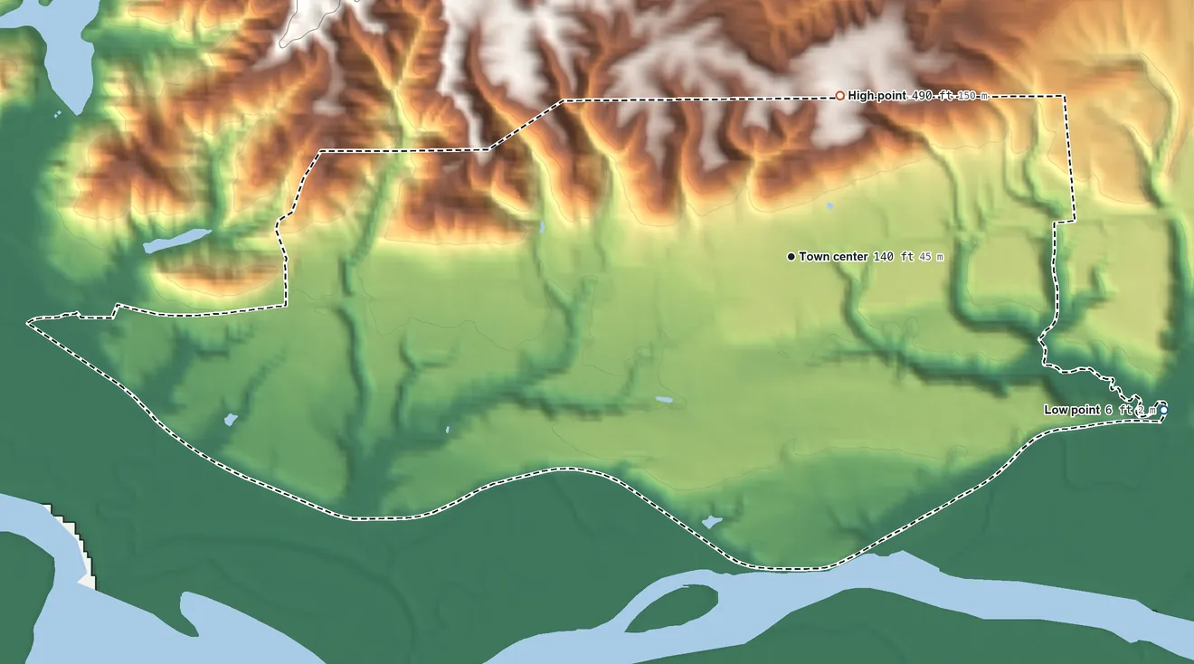 Topographic elevation map of Central Park, Washington, shaded from 6 ft on the east side to 490 ft on the north side