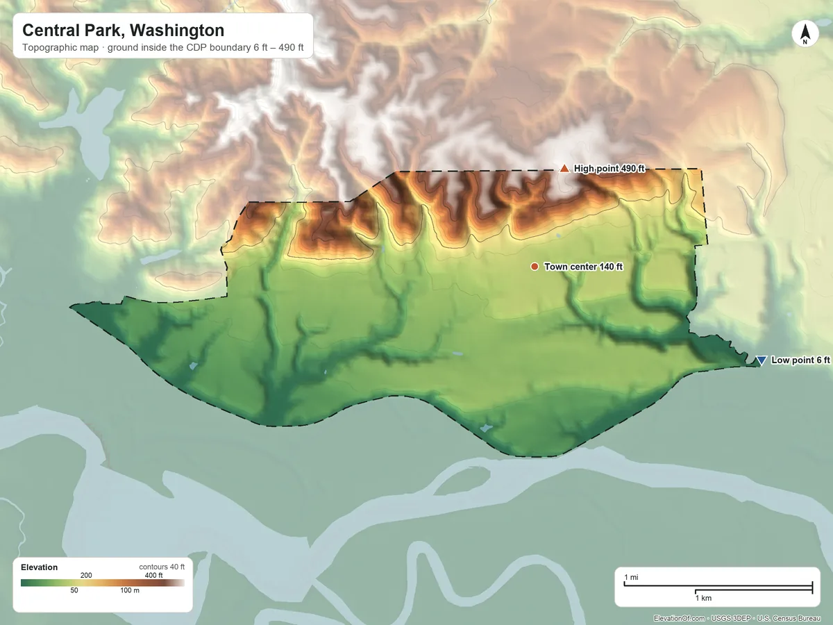 Topographic elevation map of Central Park, Washington, shaded from 6 ft on the east side to 490 ft on the north side