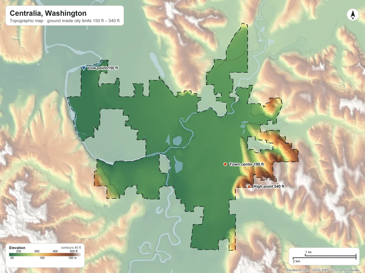 Topographic elevation map of Centralia, Washington, shaded from 150 ft on the northwest side to 540 ft on the southeast edge, below higher ground just outside