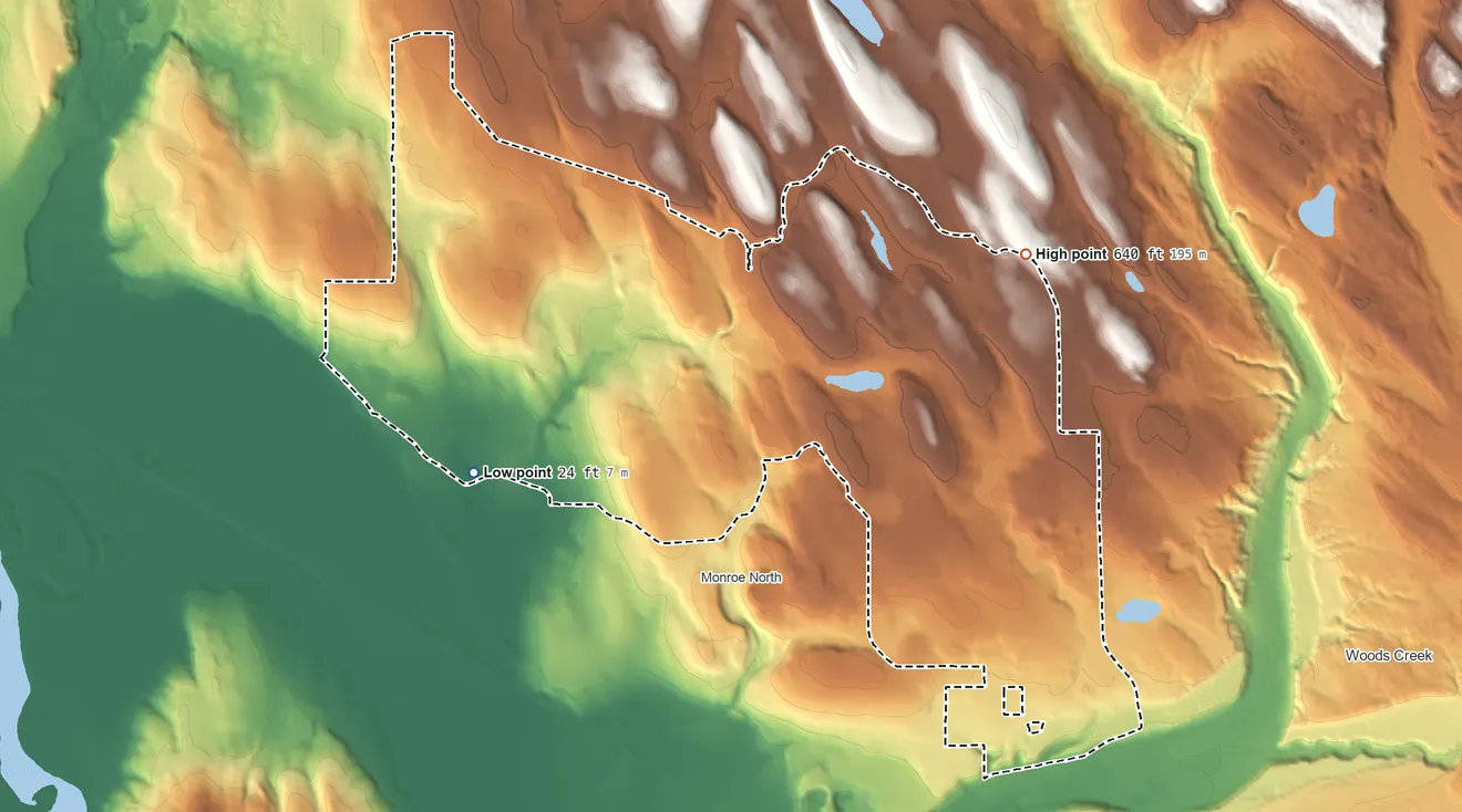 Topographic elevation map of Chain Lake, Washington, shaded from 24 ft on the west side to 640 ft on the northeast side