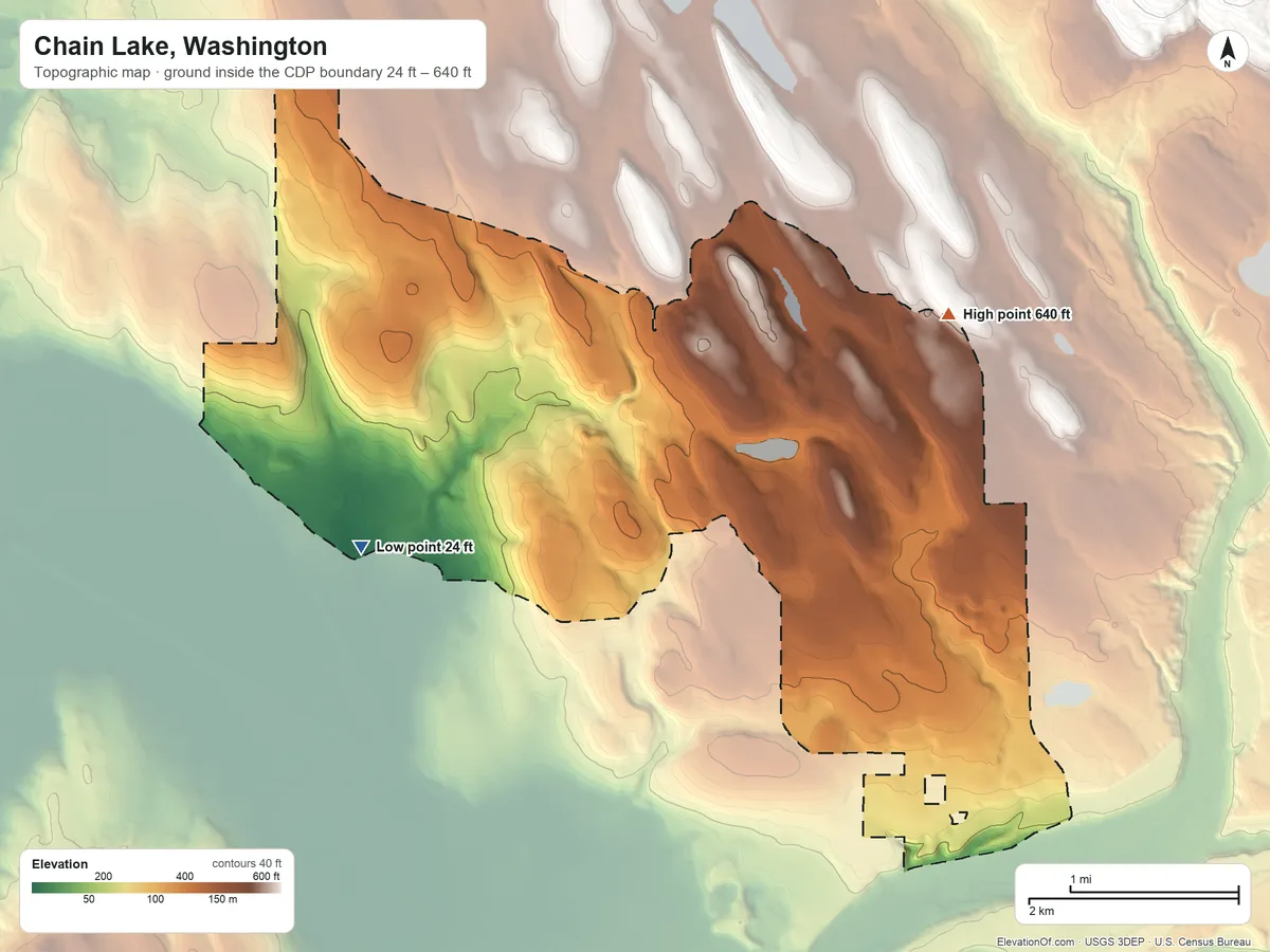 Topographic elevation map of Chain Lake, Washington, shaded from 24 ft on the west side to 640 ft on the northeast side