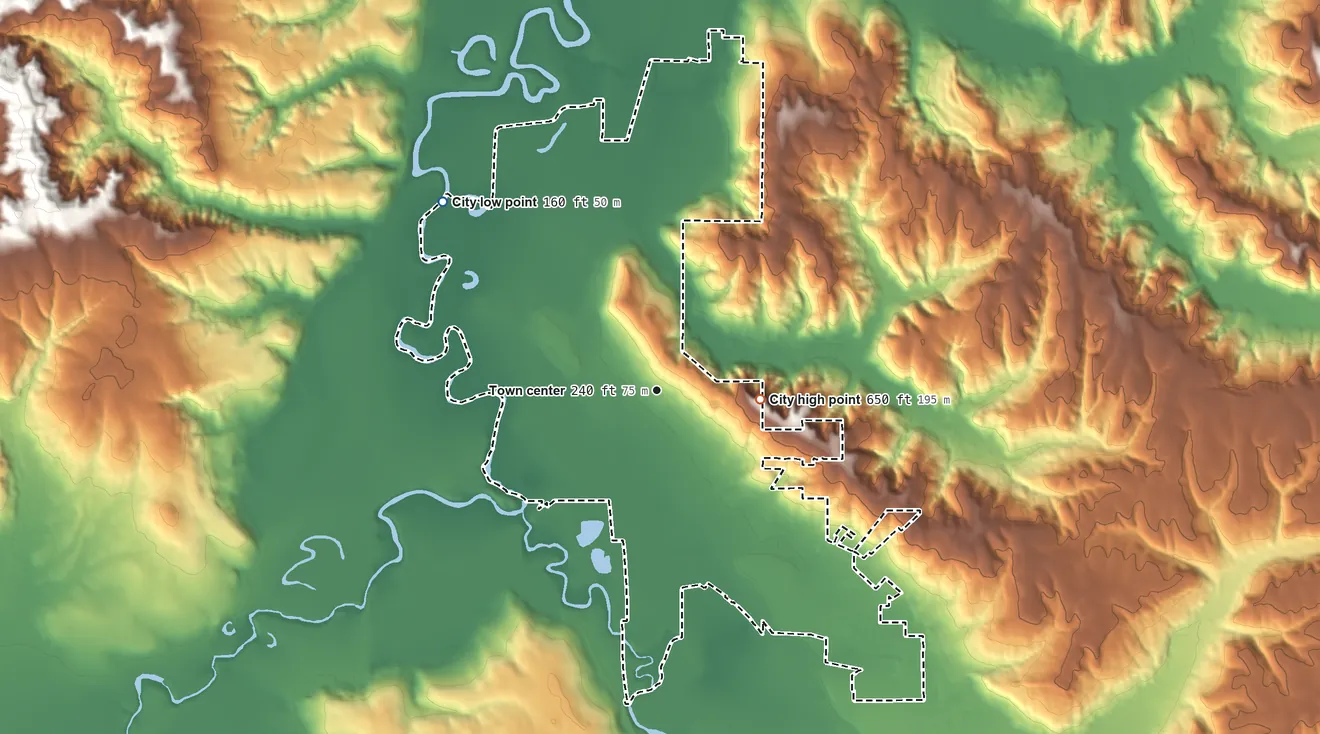 Topographic elevation map of Chehalis, Washington, shaded from 160 ft on the northwest side to 650 ft on the east side