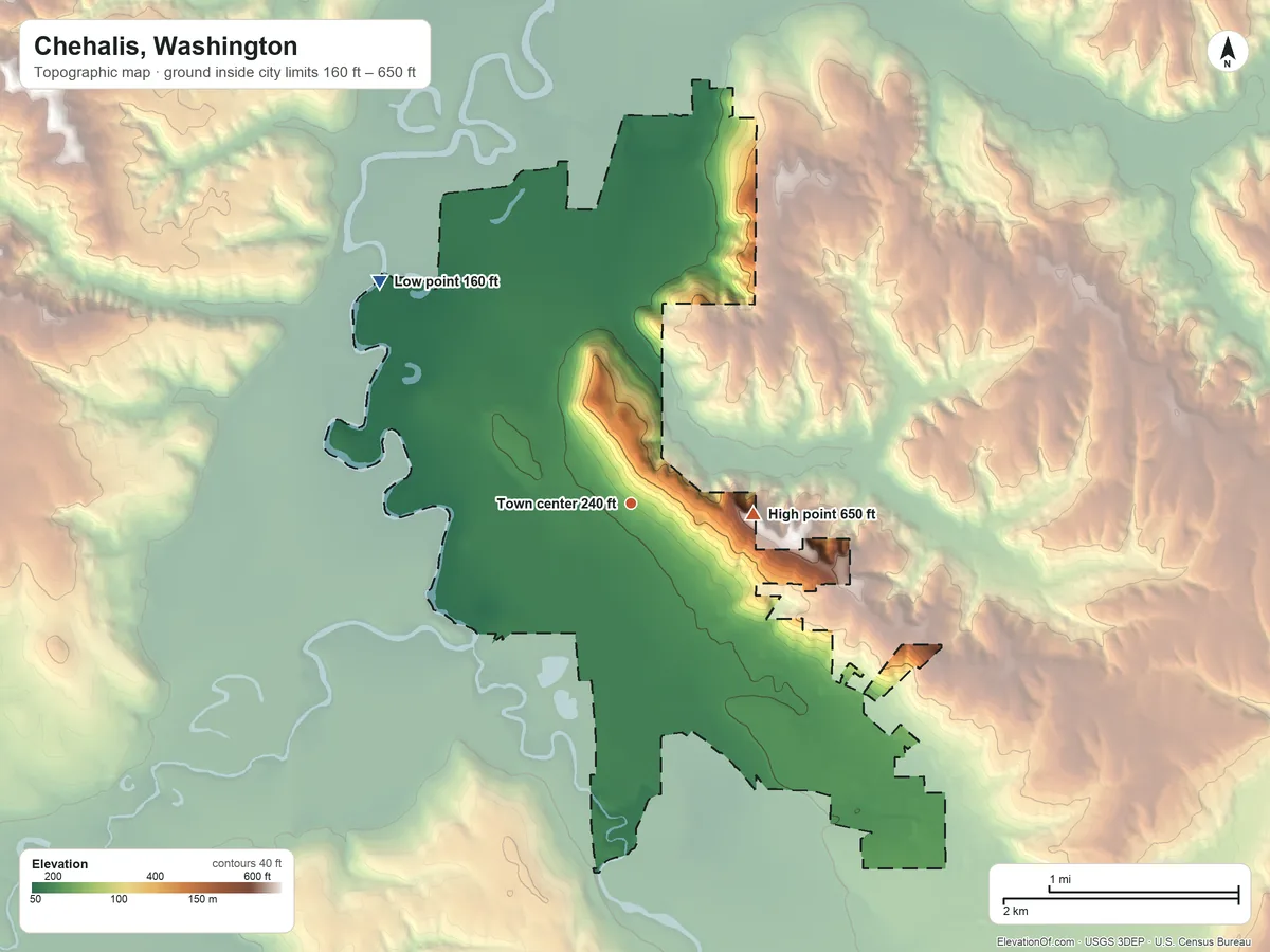 Topographic elevation map of Chehalis, Washington, shaded from 160 ft on the northwest side to 650 ft on the east side