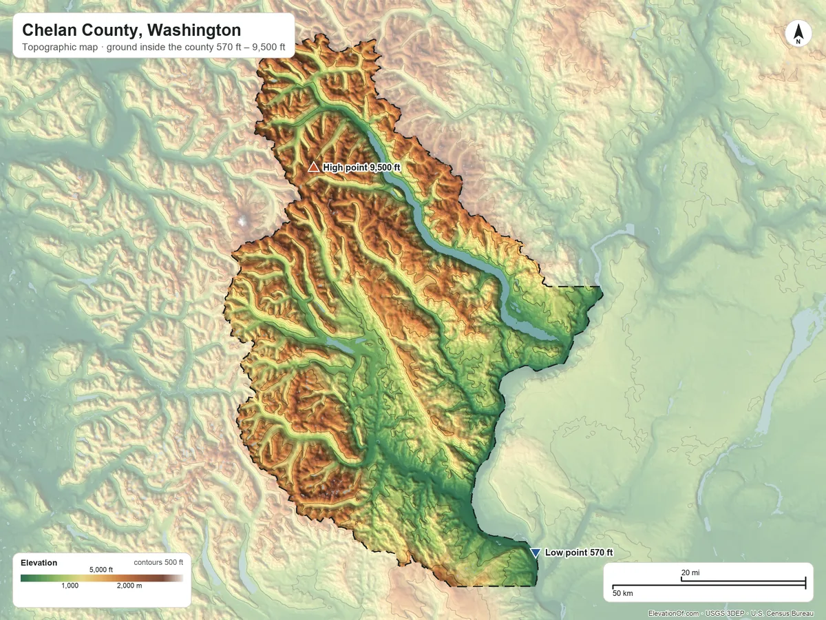 Topographic elevation map of Chelan County, Washington, shaded from 570 ft on the southeast side to 9,500 ft on Bonanza Peak