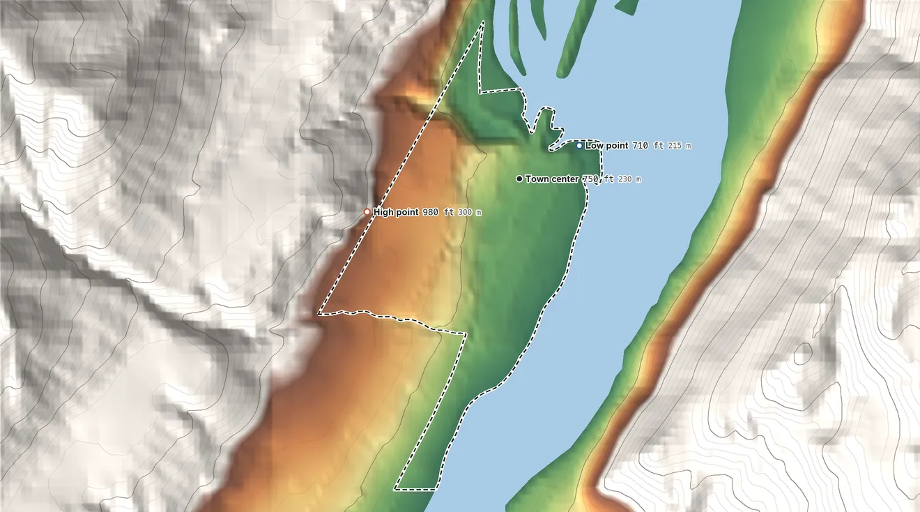 Topographic elevation map of Chelan Falls, Washington, shaded from 710 ft on the northeast side to 980 ft on the west edge, below higher ground just outside