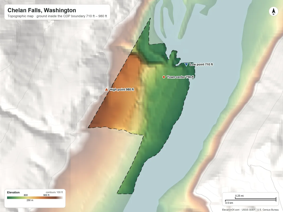 Topographic elevation map of Chelan Falls, Washington, shaded from 710 ft on the northeast side to 980 ft on the west edge, below higher ground just outside
