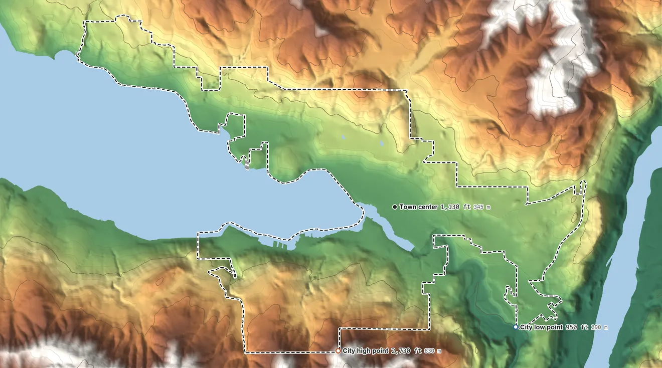 Topographic elevation map of Chelan, Washington, shaded from 950 ft on the southeast side to 2,730 ft on the south edge, below higher ground just outside