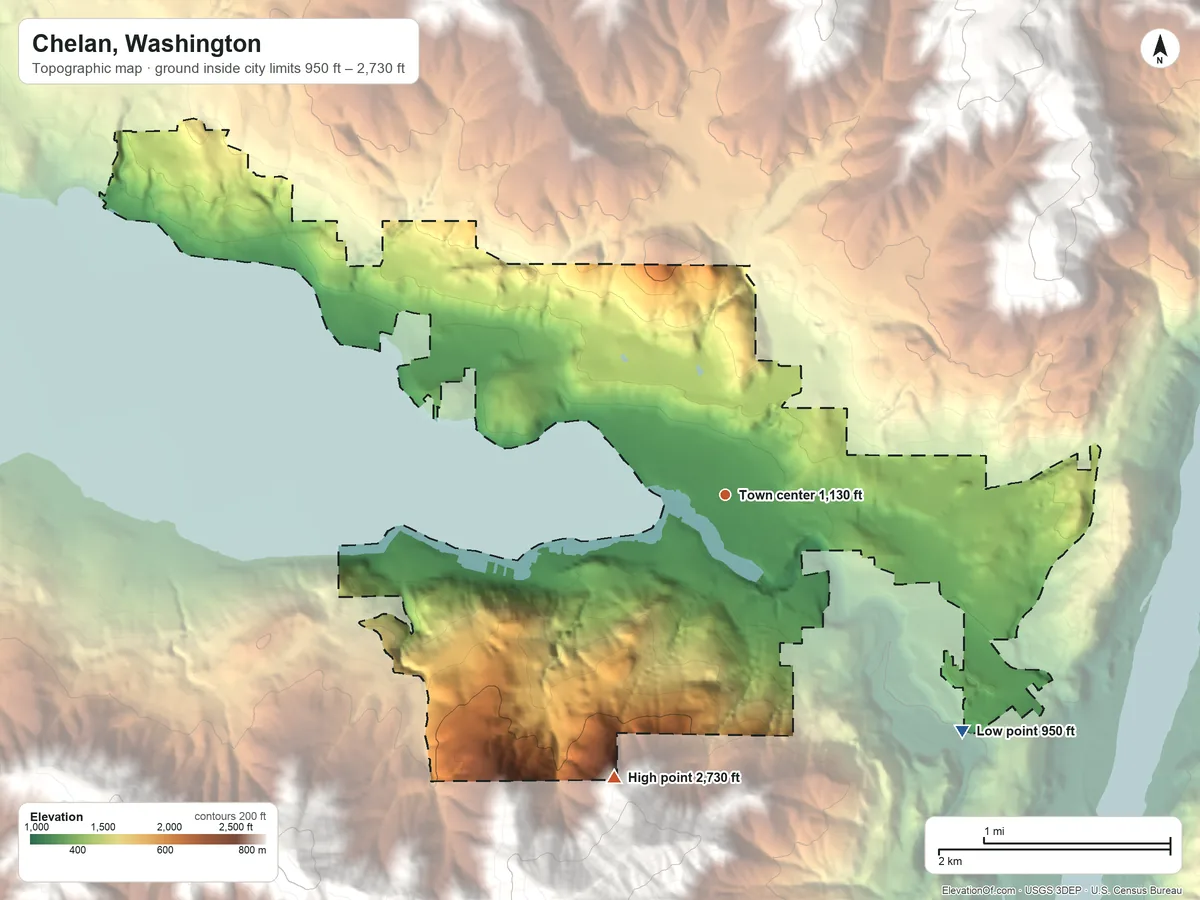 Topographic elevation map of Chelan, Washington, shaded from 950 ft on the southeast side to 2,730 ft on the south edge, below higher ground just outside