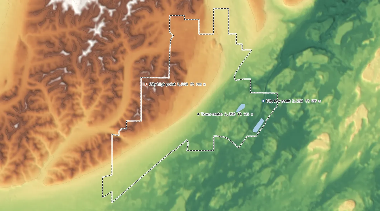 Topographic elevation map of Cheney, Washington, shaded from 2,280 ft on the east side to 2,560 ft on the northwest side