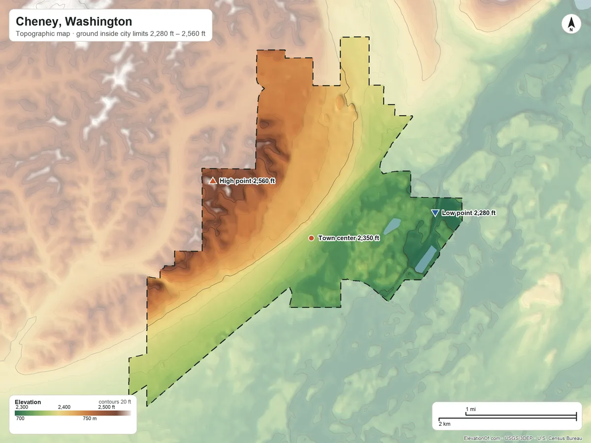 Topographic elevation map of Cheney, Washington, shaded from 2,280 ft on the east side to 2,560 ft on the northwest side