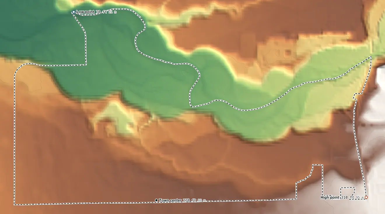 Topographic elevation map of Cherry Grove, Washington, shaded from 70 ft on the northwest side to 310 ft on the east side