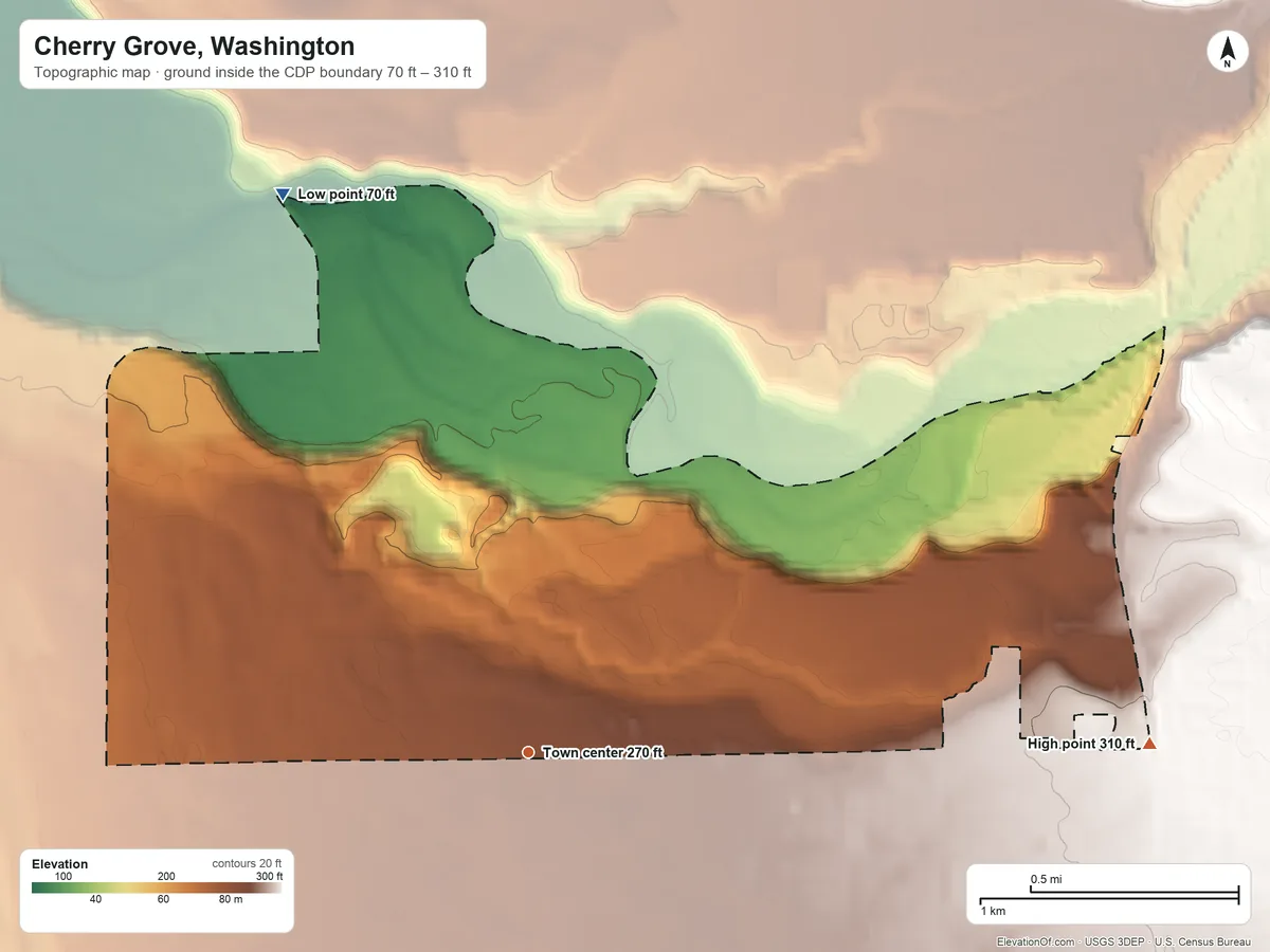 Topographic elevation map of Cherry Grove, Washington, shaded from 70 ft on the northwest side to 310 ft on the east side