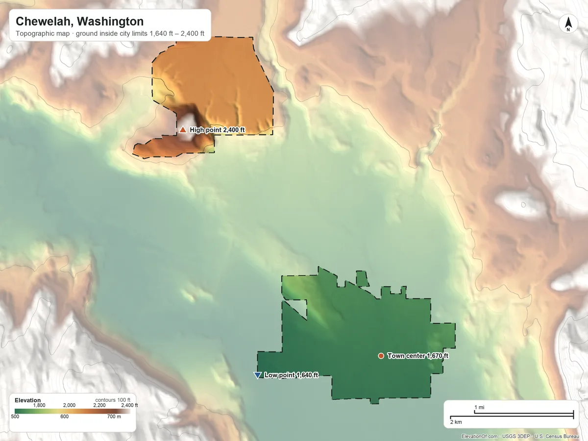 Topographic elevation map of Chewelah, Washington, shaded from 1,640 ft on the west side to 2,400 ft at the foot of the Iron Mountains