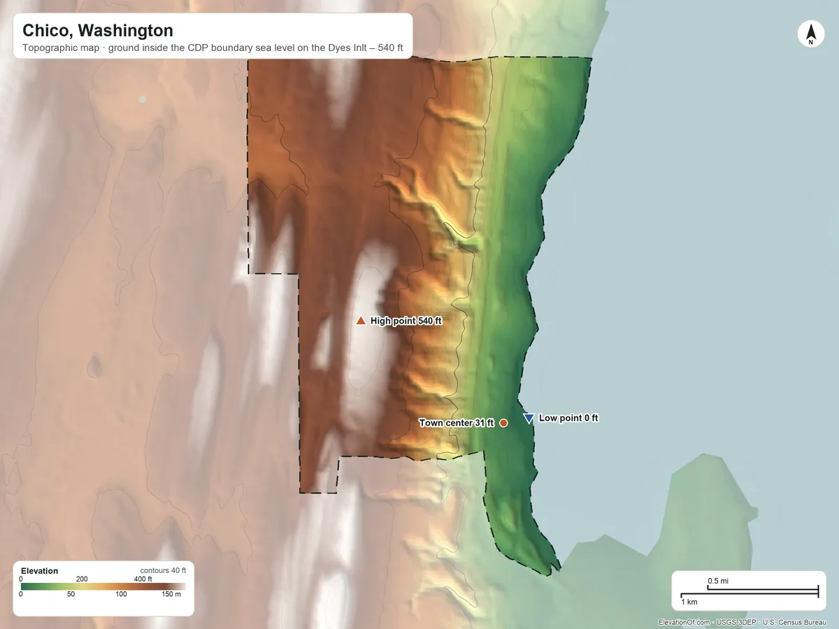 Topographic elevation map of Chico, Washington, shaded from sea level level on Dyes Inlet to 540 ft on the northwest side