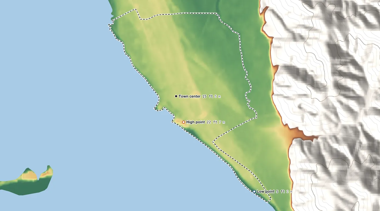 Topographic elevation map of Chinook, Washington, shaded from 5 ft on the southeast side to 22 ft on the south edge, below higher ground just outside