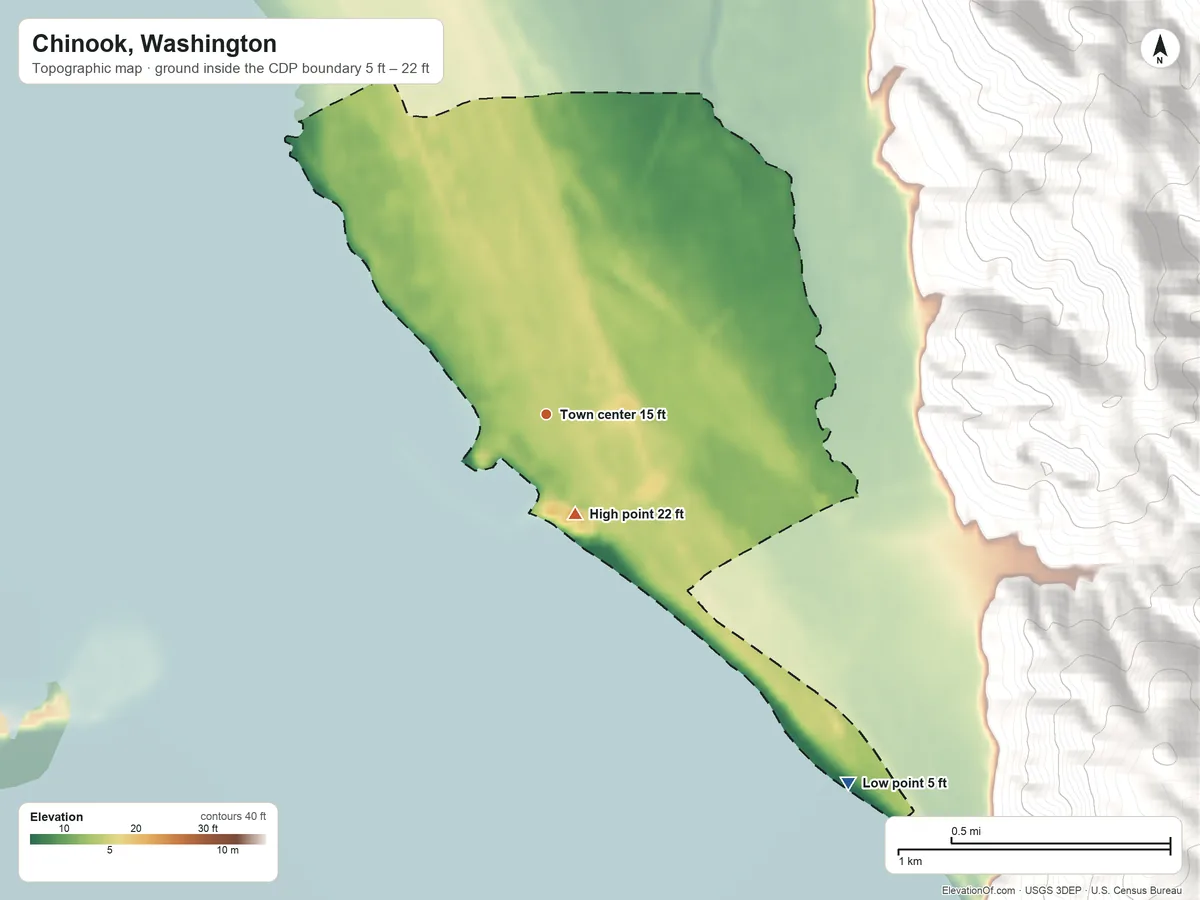 Topographic elevation map of Chinook, Washington, shaded from 5 ft on the southeast side to 22 ft on the south edge, below higher ground just outside