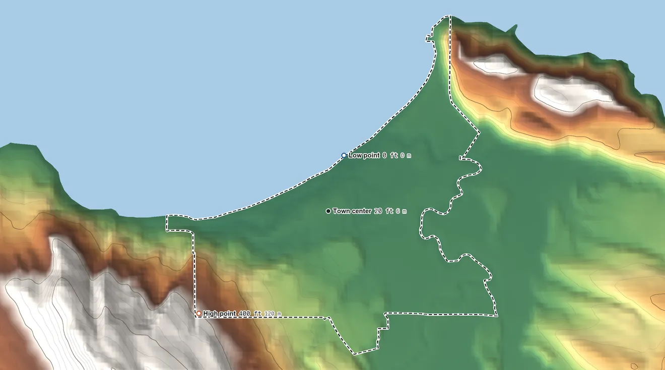 Topographic elevation map of Clallam Bay, Washington, shaded from sea level level on the Salish Sea to 400 ft on the southwest edge, below higher ground just outside