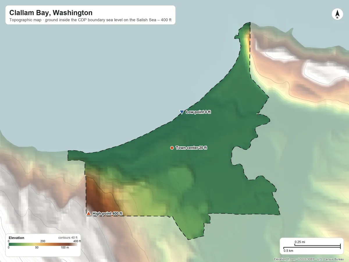 Topographic elevation map of Clallam Bay, Washington, shaded from sea level level on the Salish Sea to 400 ft on the southwest edge, below higher ground just outside