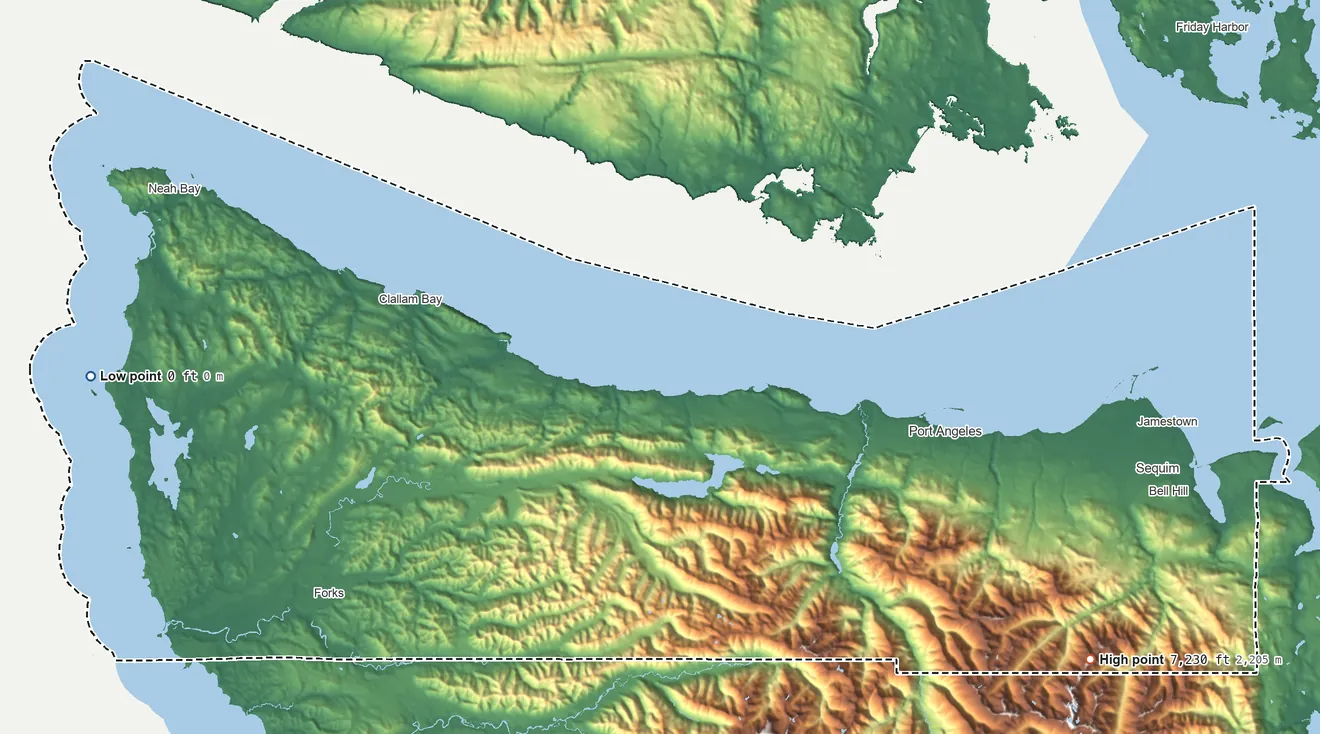 Topographic elevation map of Clallam County, Washington, shaded from sea level on the Pacific Ocean to 7,230 ft on Gray Wolf