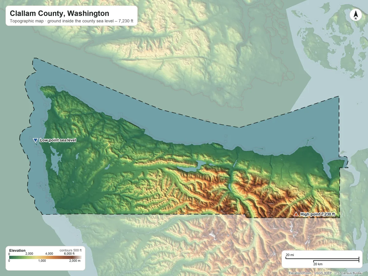 Topographic elevation map of Clallam County, Washington, shaded from sea level on the Pacific Ocean to 7,230 ft on Gray Wolf