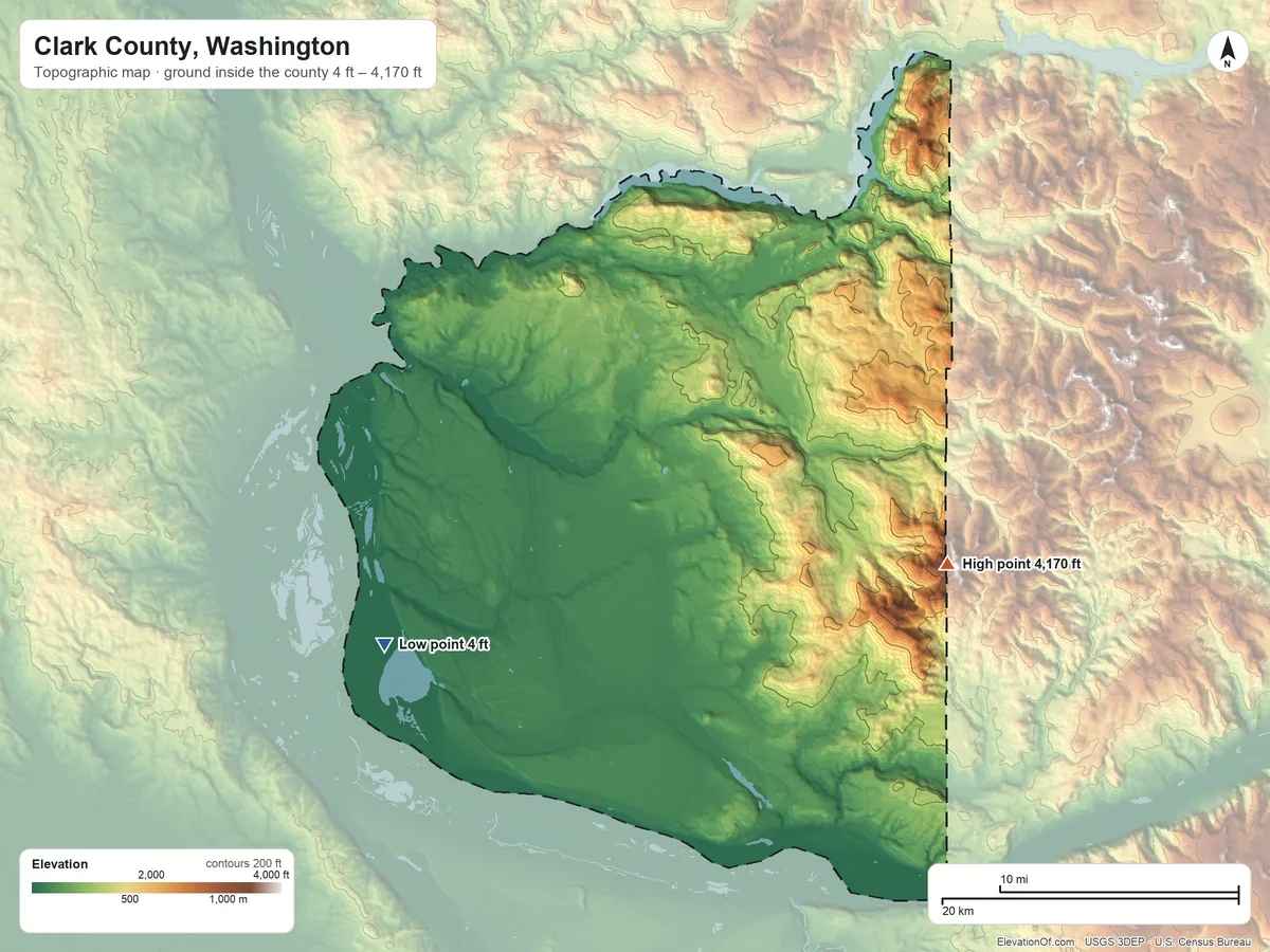 Topographic elevation map of Clark County, Washington, shaded from 4 ft on the southwest side to 4,170 ft on Sturgeon Rock