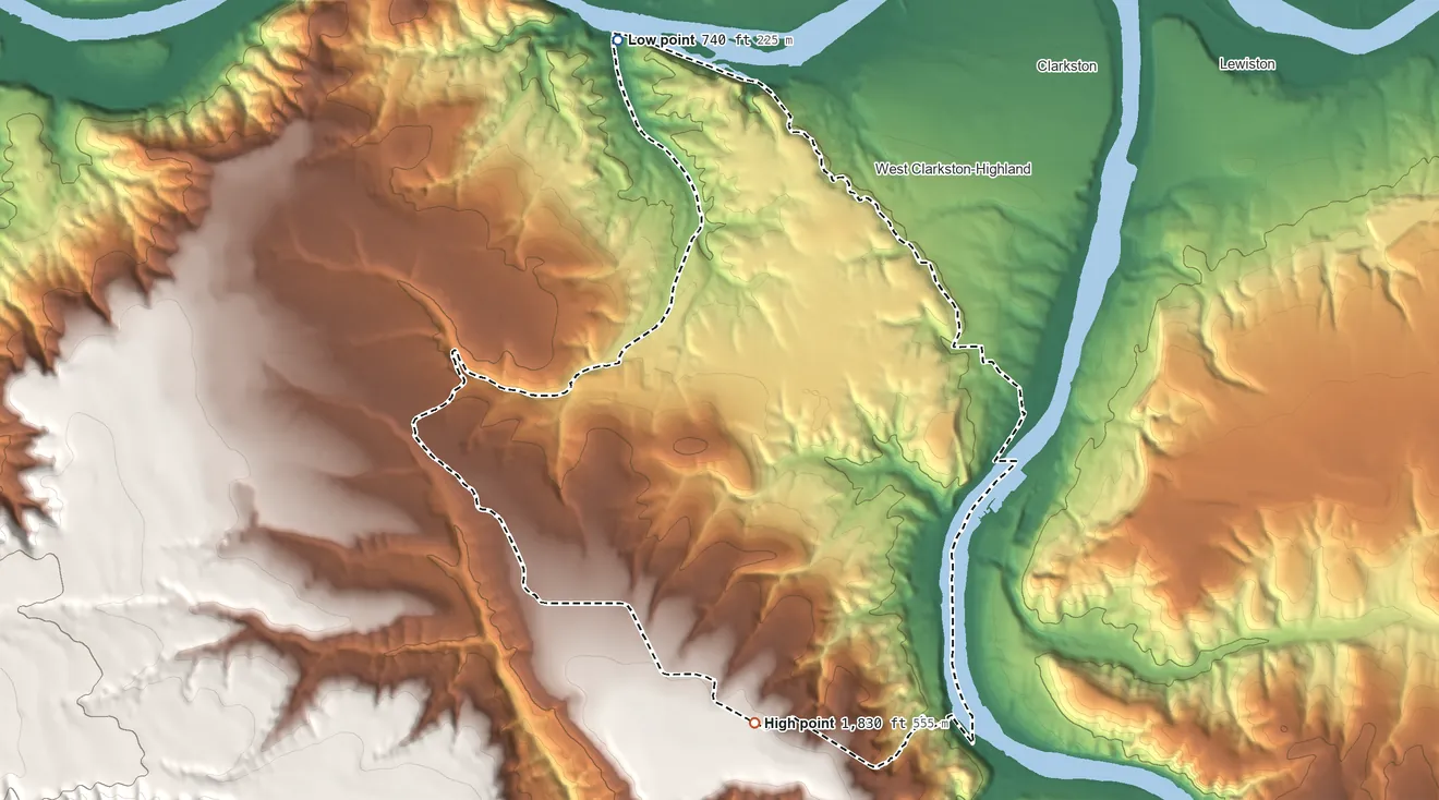 Topographic elevation map of Clarkston Heights-Vineland, Washington, shaded from 740 ft on the northwest side to 1,830 ft on the south side