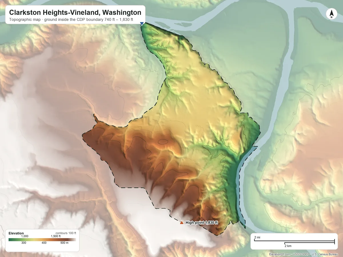 Topographic elevation map of Clarkston Heights-Vineland, Washington, shaded from 740 ft on the northwest side to 1,830 ft on the south side