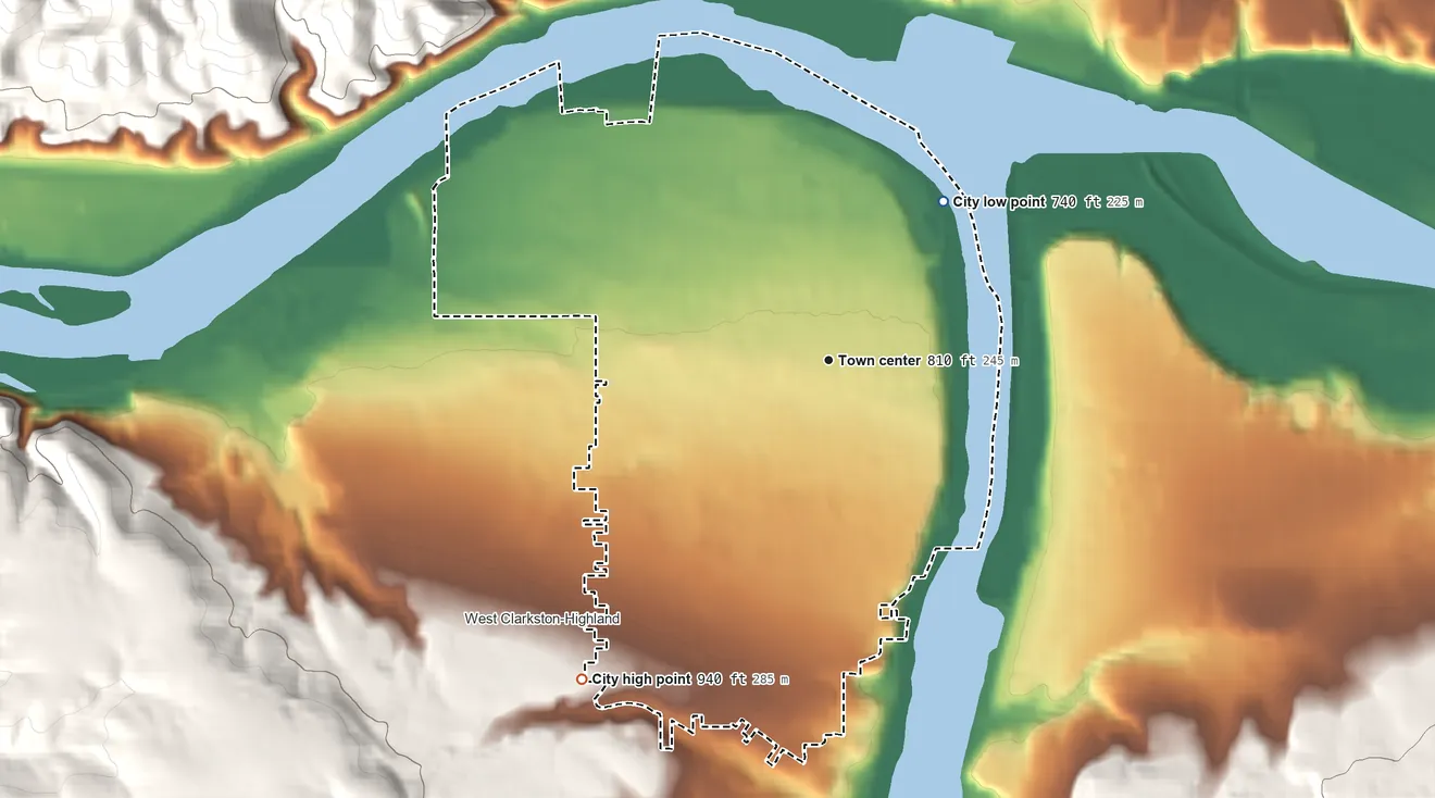 Topographic elevation map of Clarkston, Washington, shaded from 740 ft on the northeast side to 940 ft on the southwest edge, below higher ground just outside