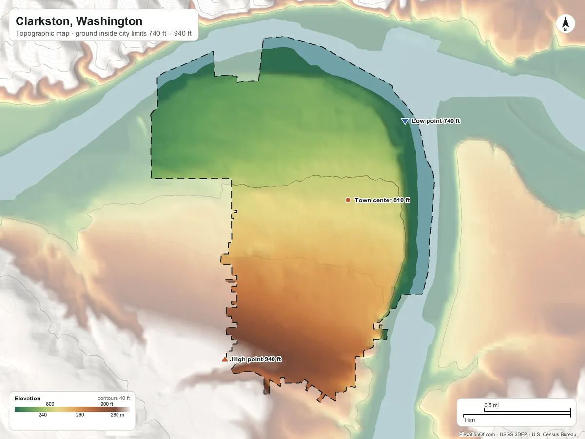 Topographic elevation map of Clarkston, Washington, shaded from 740 ft on the northeast side to 940 ft on the southwest edge, below higher ground just outside
